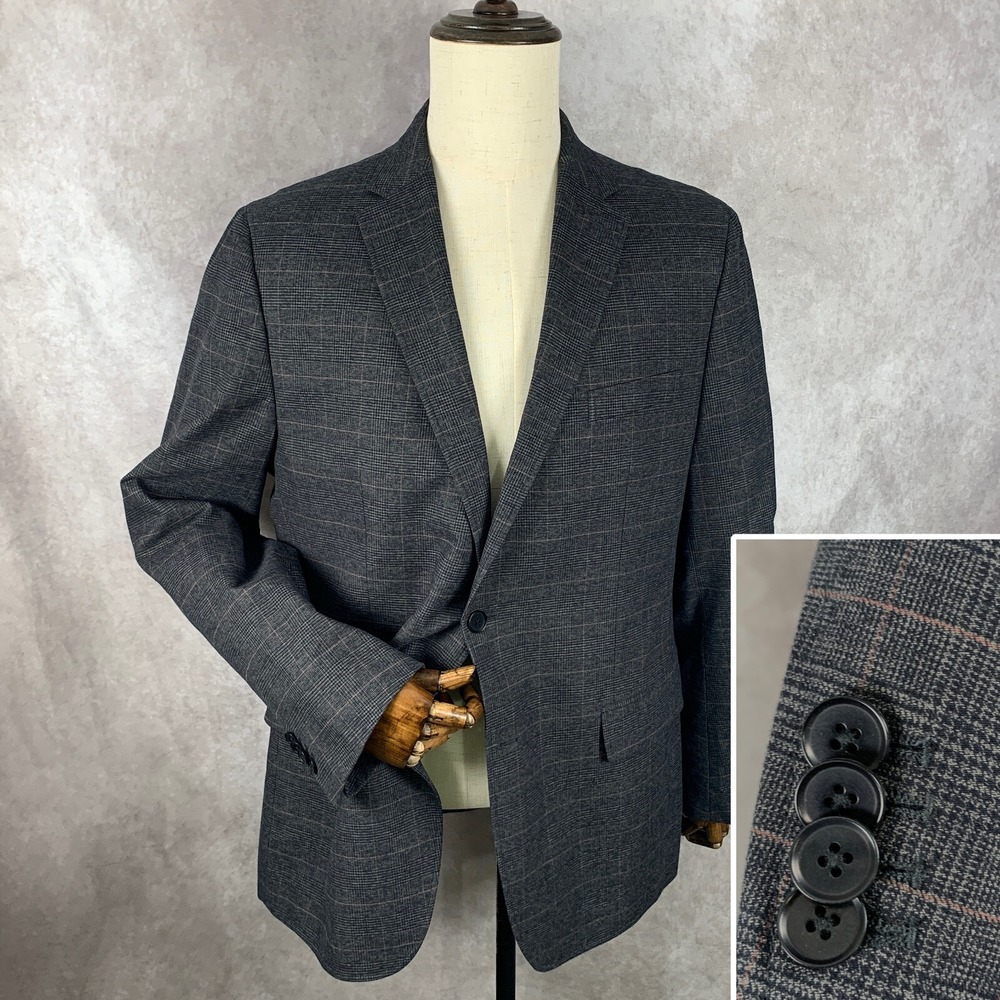 Banana Republic Blazer Jacket Men 44R Gray Windowpane Tailored Fit Sport Coat